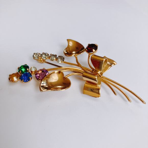 Mid Century Gold Vermeil Sterling Rhinestone Floral Spray Bow Brooch 1940s 1950s - Picture 3 of 8